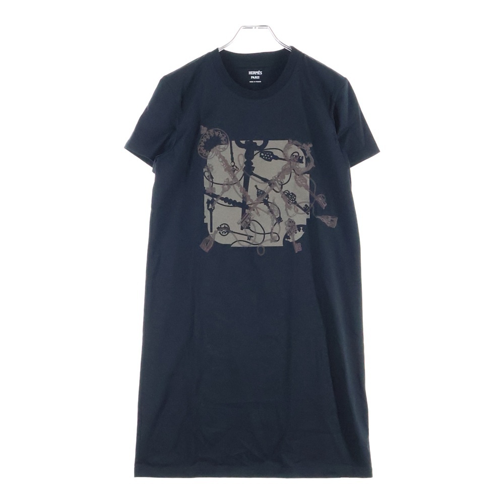エルメス カルトゥッシュ キー チェーン プリント クルーネック 半袖 ロング Tシャツ カットソー ワンピース ドレス ブラック レディース拍卖