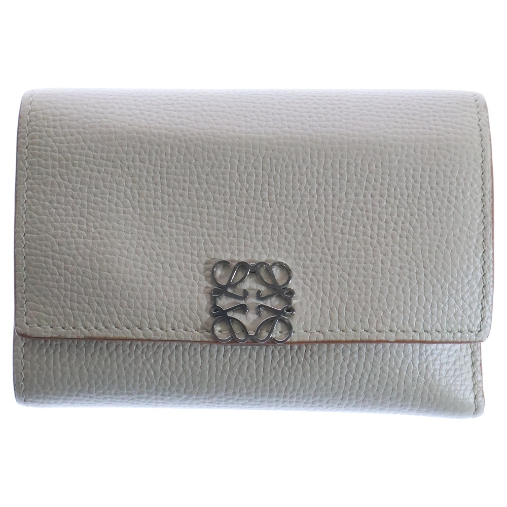 LOEWE ロエベ アナグラムロゴプレート バーティカル コンパクト レザー ウォレット 三つ折り財布 シルバー金具 ベージュ拍卖