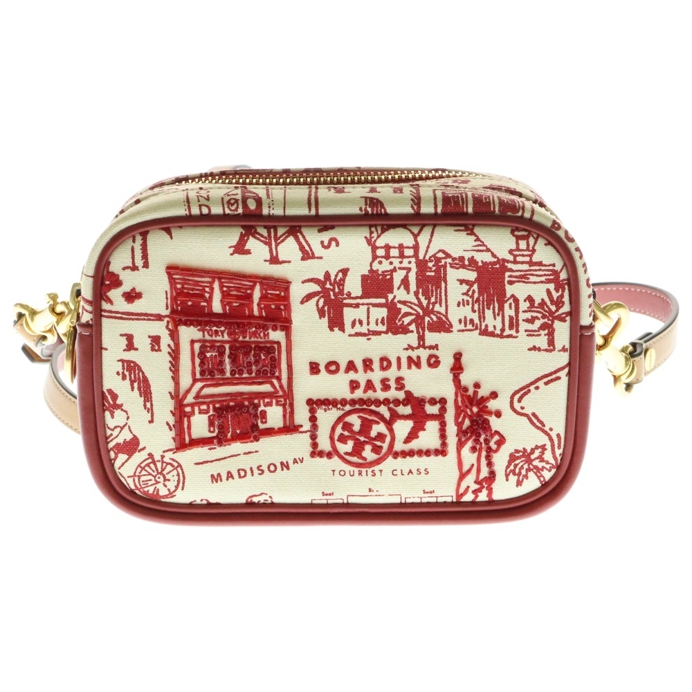 TORY BURCH トリー バーチ 2WAYバッグ ショルダーバッグ ミニバッグ ポーチ レッド×ホワイト キャンバス拍卖