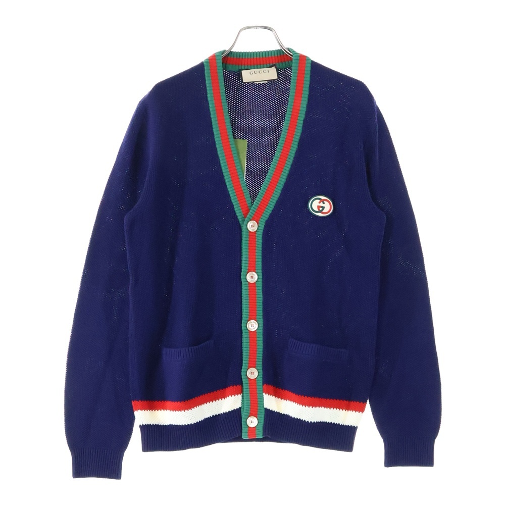GUCCI グッチ インターロッキングG ロゴ刺繍 ウェブ シェリーライン シェルボタン コットンニット カーディガン ネイビー 752251拍卖