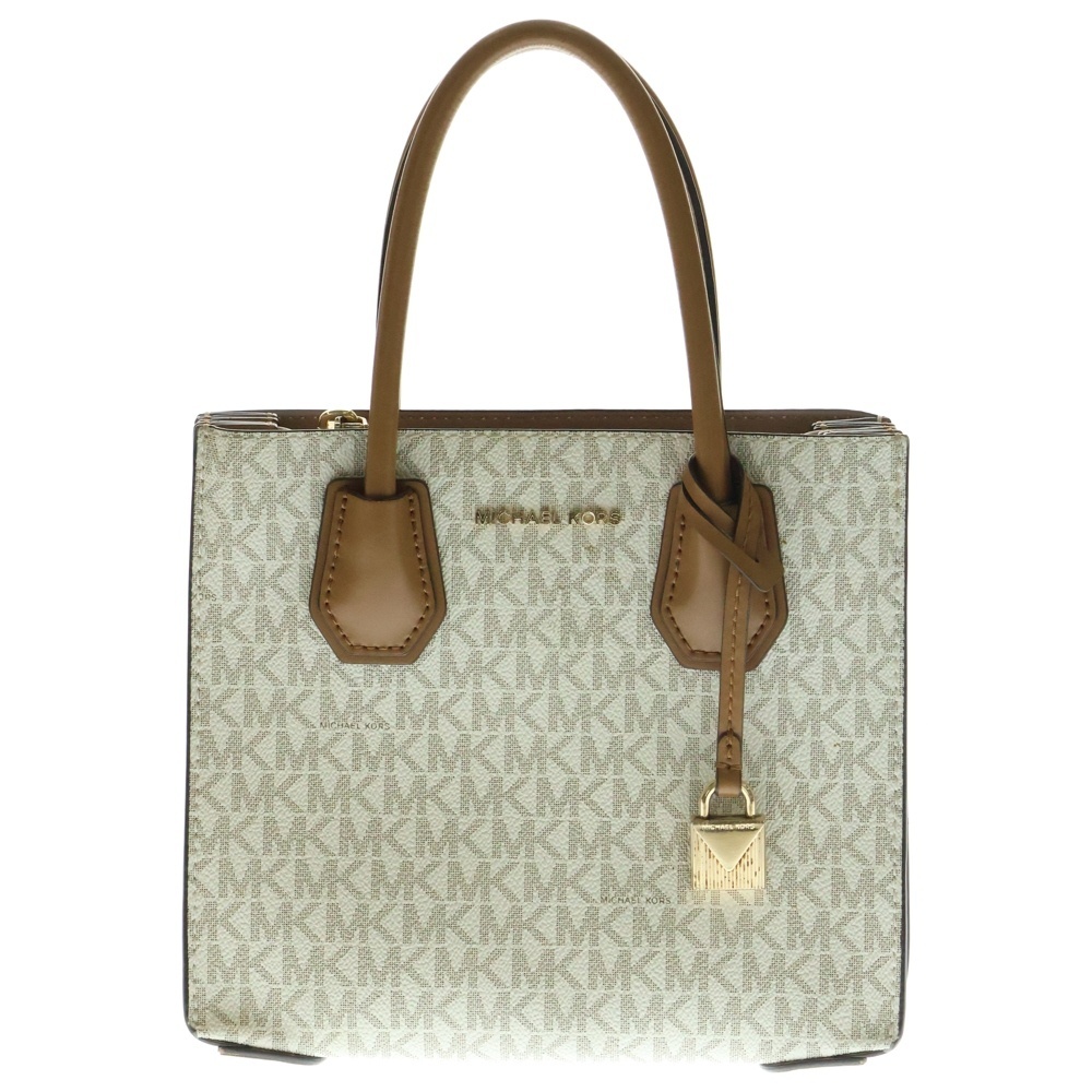 MICHAEL KORS マイケルコース MKシグネチャー ハンドバッグ ミニトートバッグ ブラウン×ホワイト ゴールド金具 PVC×レザー拍卖