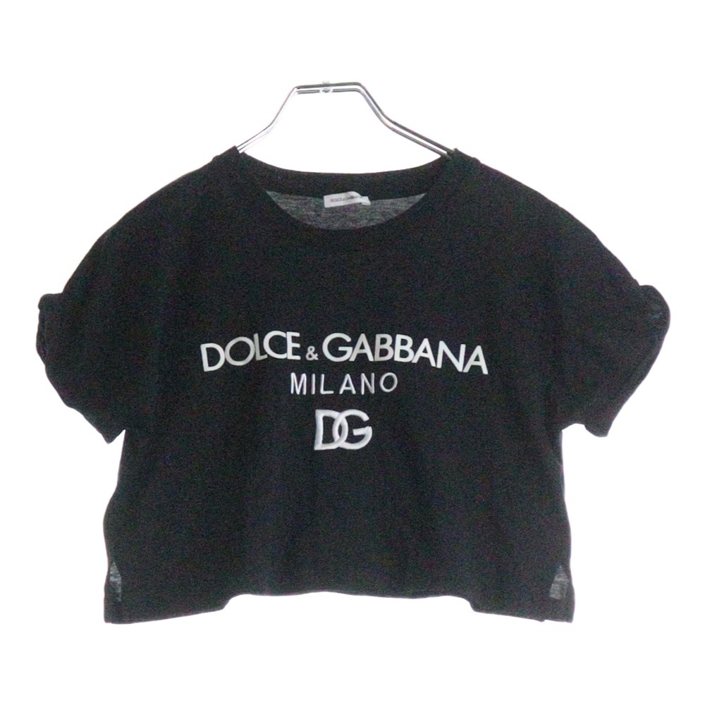 ドルチェアンドガッバーナ フロントロゴプリント DG刺繍 クルーネック クロップド ショート丈 半袖Tシャツ カットソー ブラック レディース拍卖