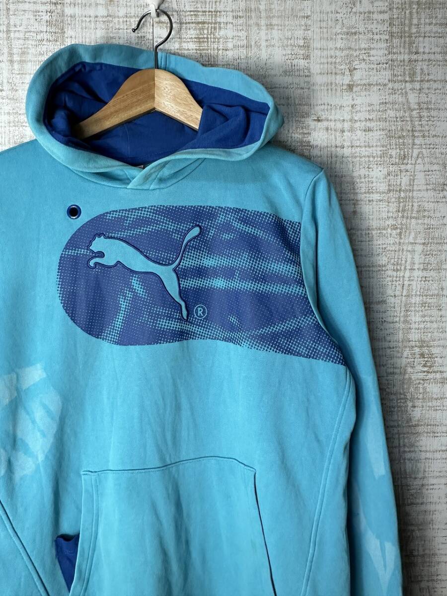 ☆色落ち US古着 PUMA プーマ パーカー スウェット フード ロゴ プリント 長袖 ポケット ブルー水色 BOYS【XXL】コットン ◆5135◆拍卖