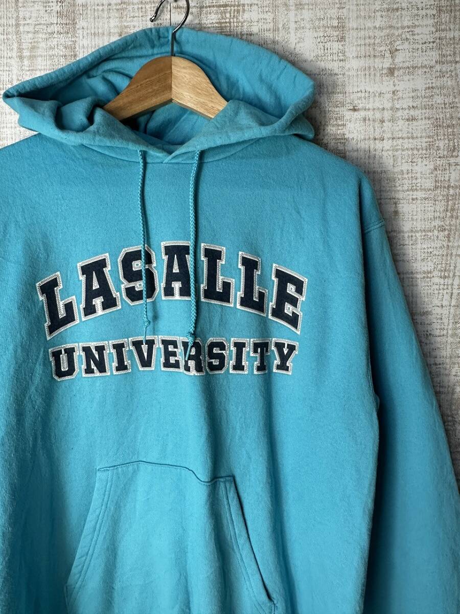 ☆US古着 Champion チャンピオン フード パーカー スウェット カレッジ プリント ポケット 裏起毛 ブルー水色青【M】コットンポリ◆5139◆拍卖