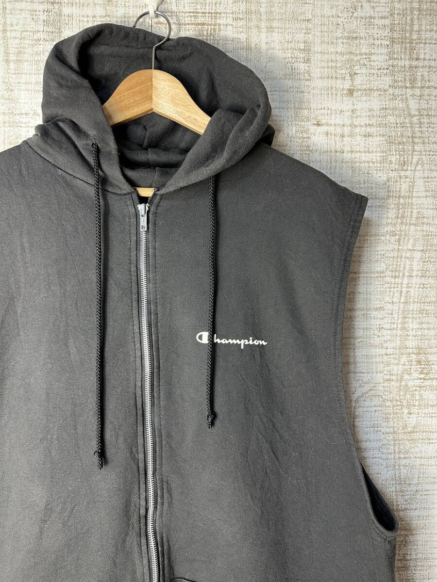 ☆US古着 Champion チャンピオン ベスト ノースリーブ フード パーカー ジップアップ プリント ブラック黒【XL】裏起毛 ◆5146◆拍卖