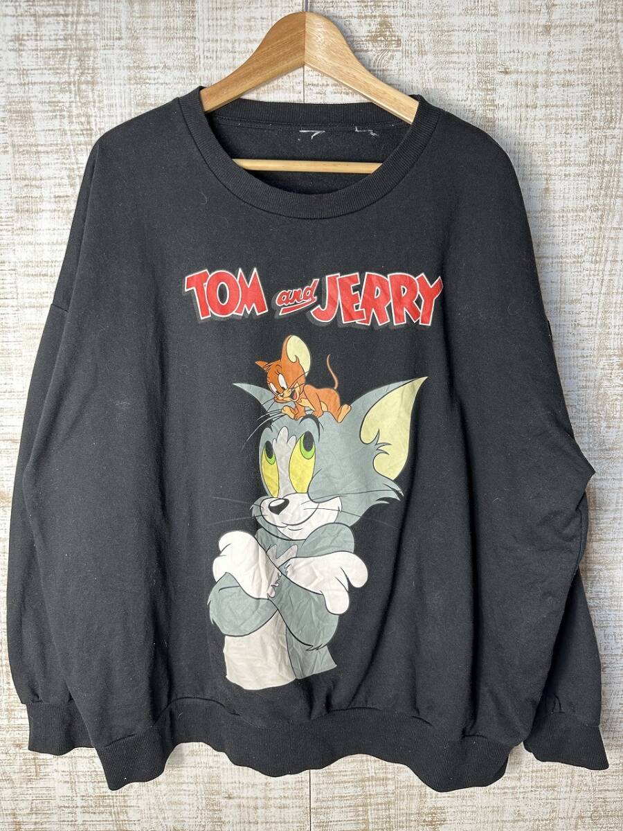 ☆US古着 TOM&JERRY トム&ジェリー トムとジェリー スウェット キャラ デカプリント ワイドデザイン ブラック黒【XL】裏起毛◆5148◆拍卖