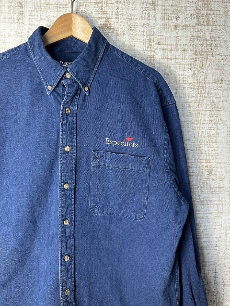 ☆ビッグ US古着 LANDS' END デニムシャツ 長袖シャツ 刺繍 ポケット ネイビー紺【L】コットン ◆5178◆拍卖