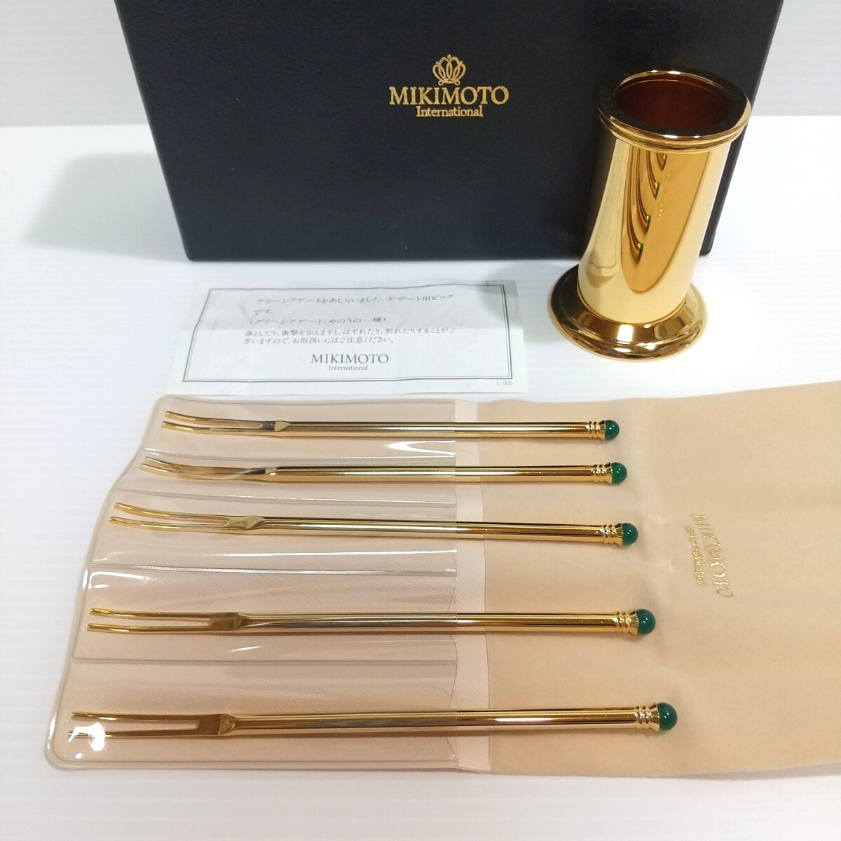 即決 MIKIMOTO 石 グリーンアゲート デザートピック 5本 ホルダー付き フルーツピック ミキモト拍卖