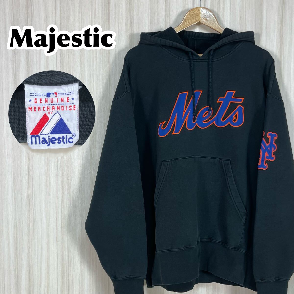 ☆希少☆マジェステック MLB メジャーリーグ ニューヨーク・メッツ ビッグロゴ プルオーバー パーカー フーディ ブラック 裏起毛 古着拍卖
