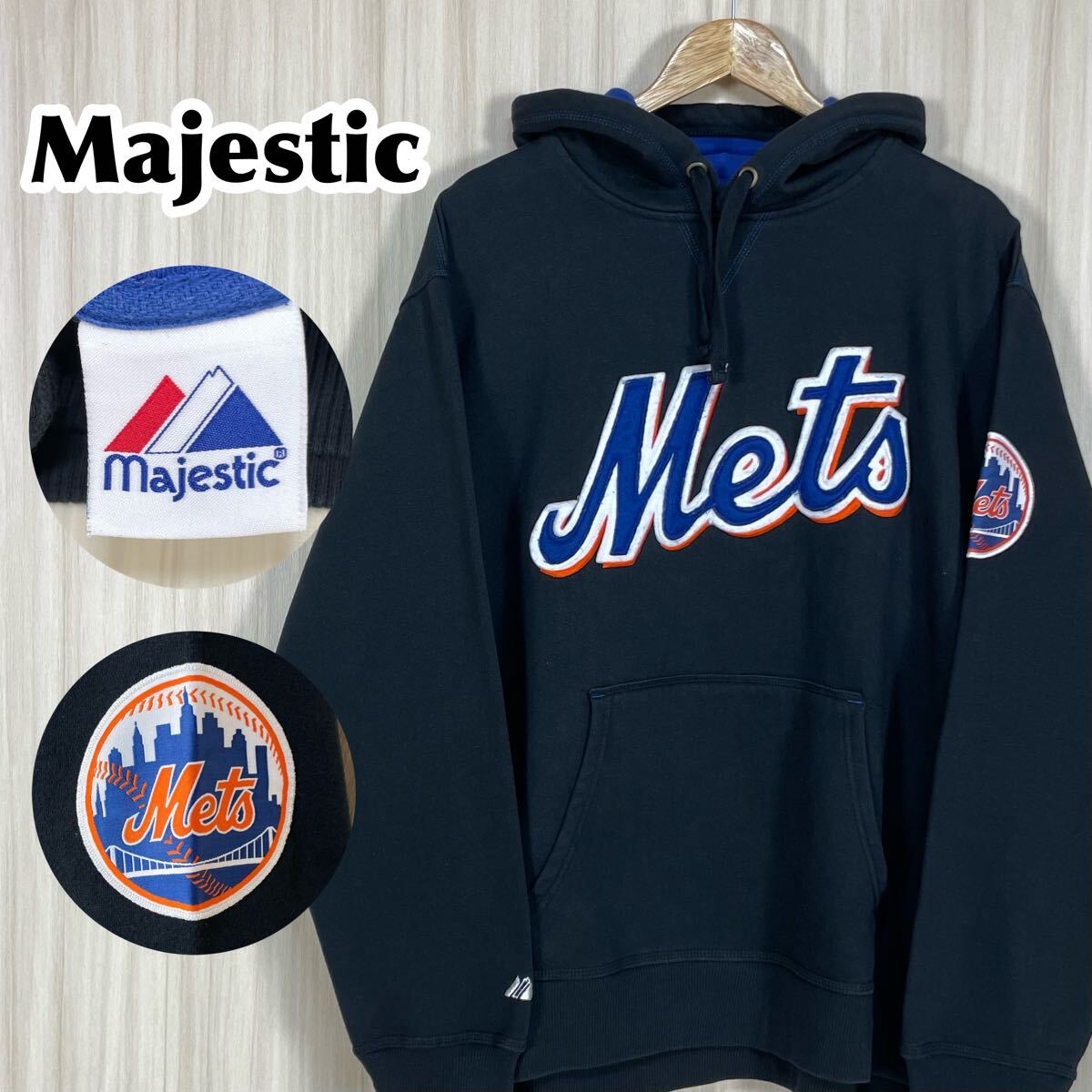 ☆入手困難☆マジェステック MLB メジャーリーグ ニューヨーク・メッツ ビッグロゴ プルオーバー パーカー デカロゴ ブラック 裏起毛 古着拍卖