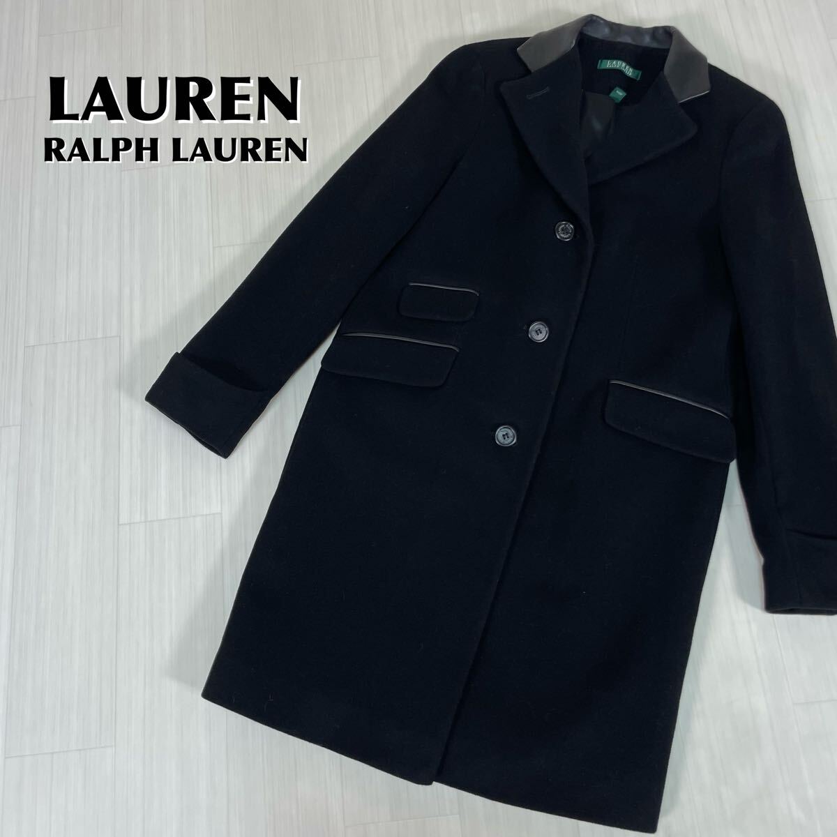 LAUREN RALPH LAUREN ラルフローレン 襟レザー センターベント ひざ丈 ウール レディース チェスターコート サイズ2 M相当 ブラック 古着拍卖