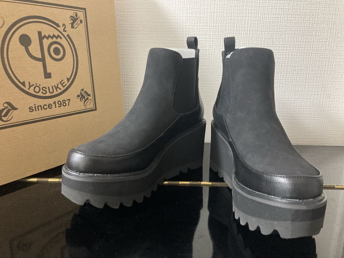 新品ヨースケ YOSUKE 24cm レディースサイドゴアブーツ ショートブーツ ウェッジソール厚底プラットフォームブラック黒拍卖