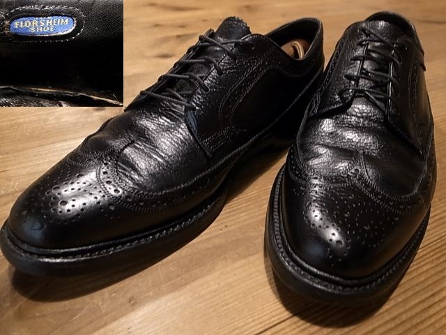 FLORSHEIM フローシャイム Kenmmor 1970年代 ビンテージ 革靴 黒 ロング ウィングチップ メダリオン レザーシューズ サイズ 10D 約 28㎝拍卖