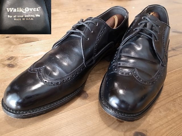 USA製 Walk Over ウォークオーバー 革靴 黒 1980年代 ビンテージ ウィングチップ レザーシューズ サイズ 9D 約 27㎝拍卖