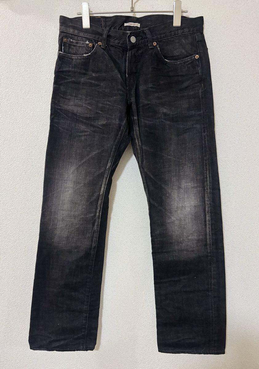 ETERNAL ユーズド 加工 ダメージ ブラック デニム エターナル ボタンフライ コットン100% 53542 備中倉敷工房 美品 0920拍卖