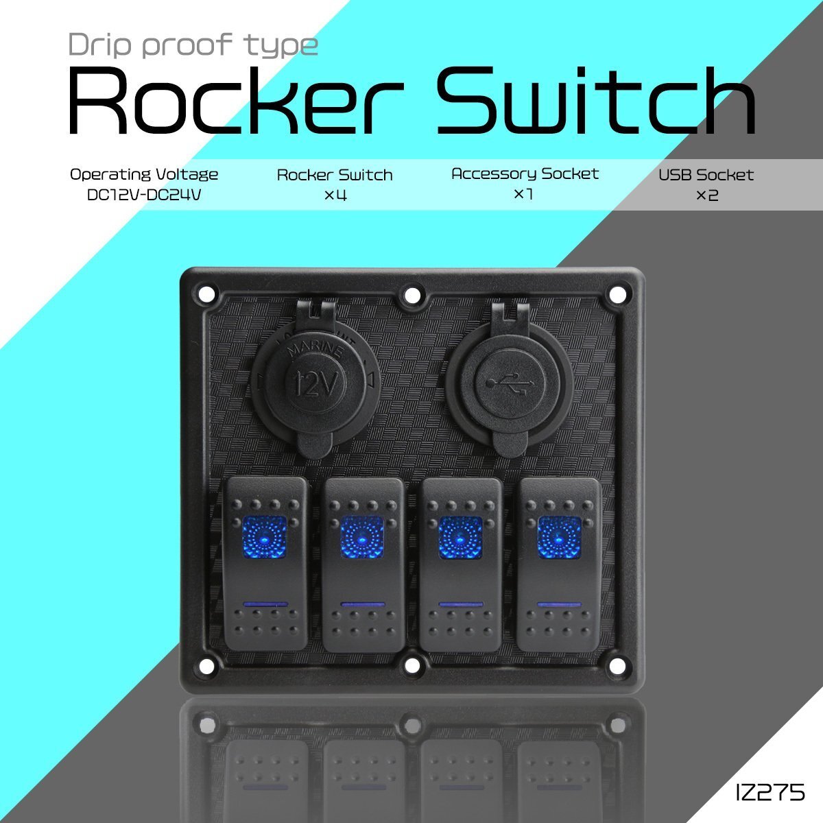 汎用 ロッカ スイッチ 4連 自動車 トラック ボートに!! 12V 24V兼用 LED パイロットランプ シガープラグ USB電源付き 防滴仕様 IZ275拍卖