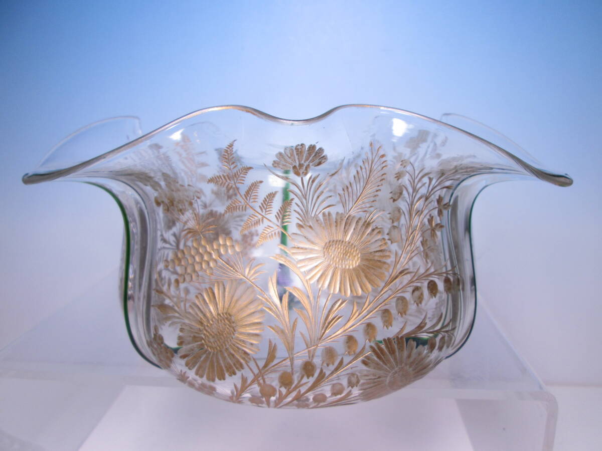 ☆西洋アンティーク・アールヌーボー 金彩 花文カット硝子 フリル フラワーベース ガラス花瓶/ヴィンテージ拍卖