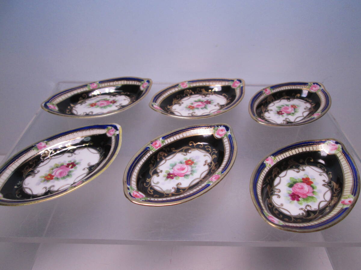 ☆オールドノリタケ 美しいコバルト地 金彩 薔薇の花文 9,4cm 豆小皿 五枚 M印拍卖