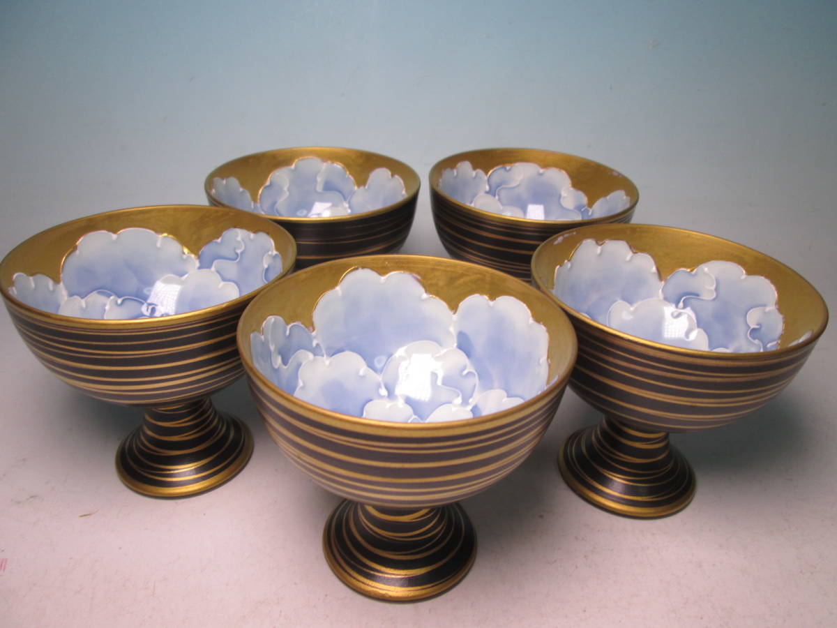 ☆お料理屋さんの器 金彩 輪線 色絵牡丹の花のお洒落な高杯向付 五客 茶懐石/割烹/日本料理拍卖