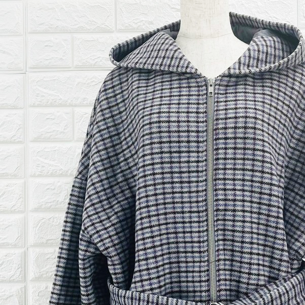 【A2369】KBF ケービーエフ ジップアップコート グレンチェック レディース フード付き ゆったり カジュアル 秋冬 フリーサイズ拍卖