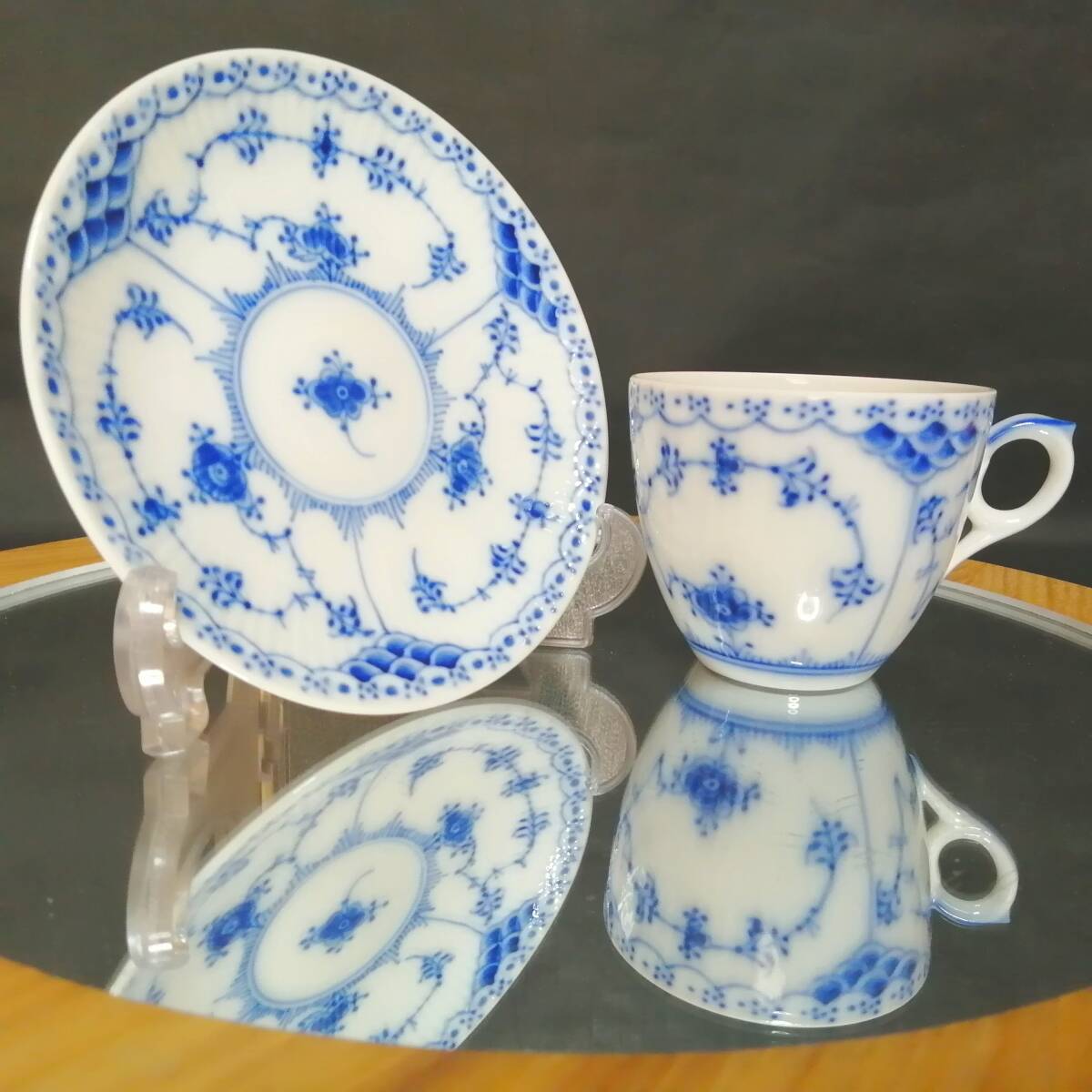 DENMARK印有 美品◇自宅保管 ロイヤルコペンハーゲン ブルーフルーテッド ハーフレース カップ&ソーサー ROYAL COPENHAGEN B拍卖