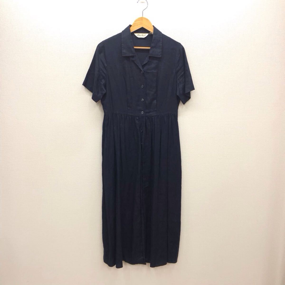 【む037】Eddie Bauer リネンワンピース S/P ネイビー 半袖 ロング丈 無地 前開き 薄地 襟付き ブランド古着 エディーバウアー 送料無料拍卖