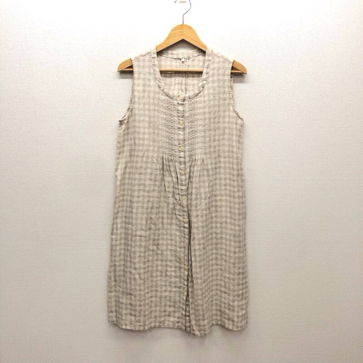 【む040】無印良品 チェック柄リネンワンピース Lサイズ ベージュ×アイボリー ノースリーブ 膝丈 前開き 麻100% ブランド古着 送料無料拍卖