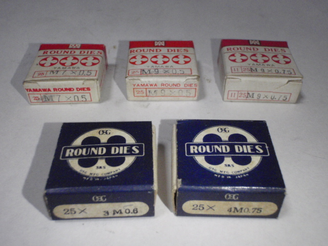 OSG ヤマワ 25φ ダイス 5個 細目 M9×0.75 M9×0.5 M7×0.5 M4×0.75 M3×0.6 拍卖