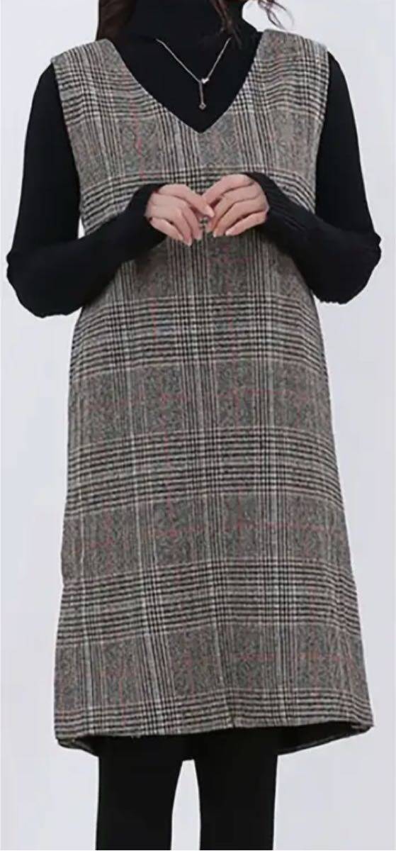 ワンピース Vネック チェック柄 カジュアル 上品 ノースリーブ 裏地有り サイドポケット サイドスリット ワンサイズ拍卖
