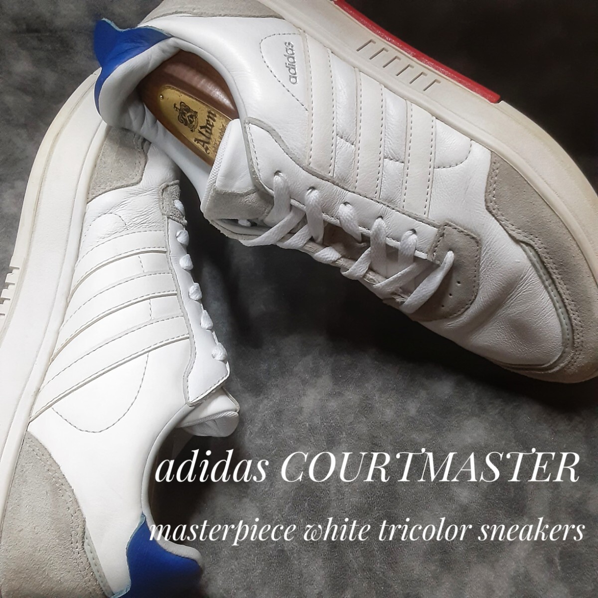 最値!00'sY2Kデザイン!生産終了!ホワイトトリコカラー!アディダス コートマスター高級スニーカー!白青灰色 希少ビッグサイズ 28.5cm拍卖