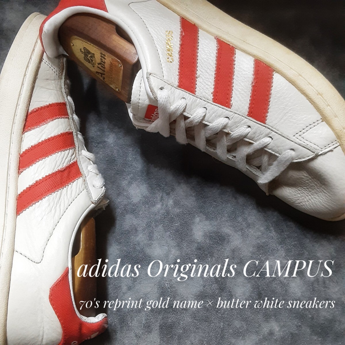 最値!18年製!最上位オールシボレザー!00's復刻ゴールドネーム×バターホワイト!アディダス キャンパス高級スニーカー!白赤 希少25cm拍卖