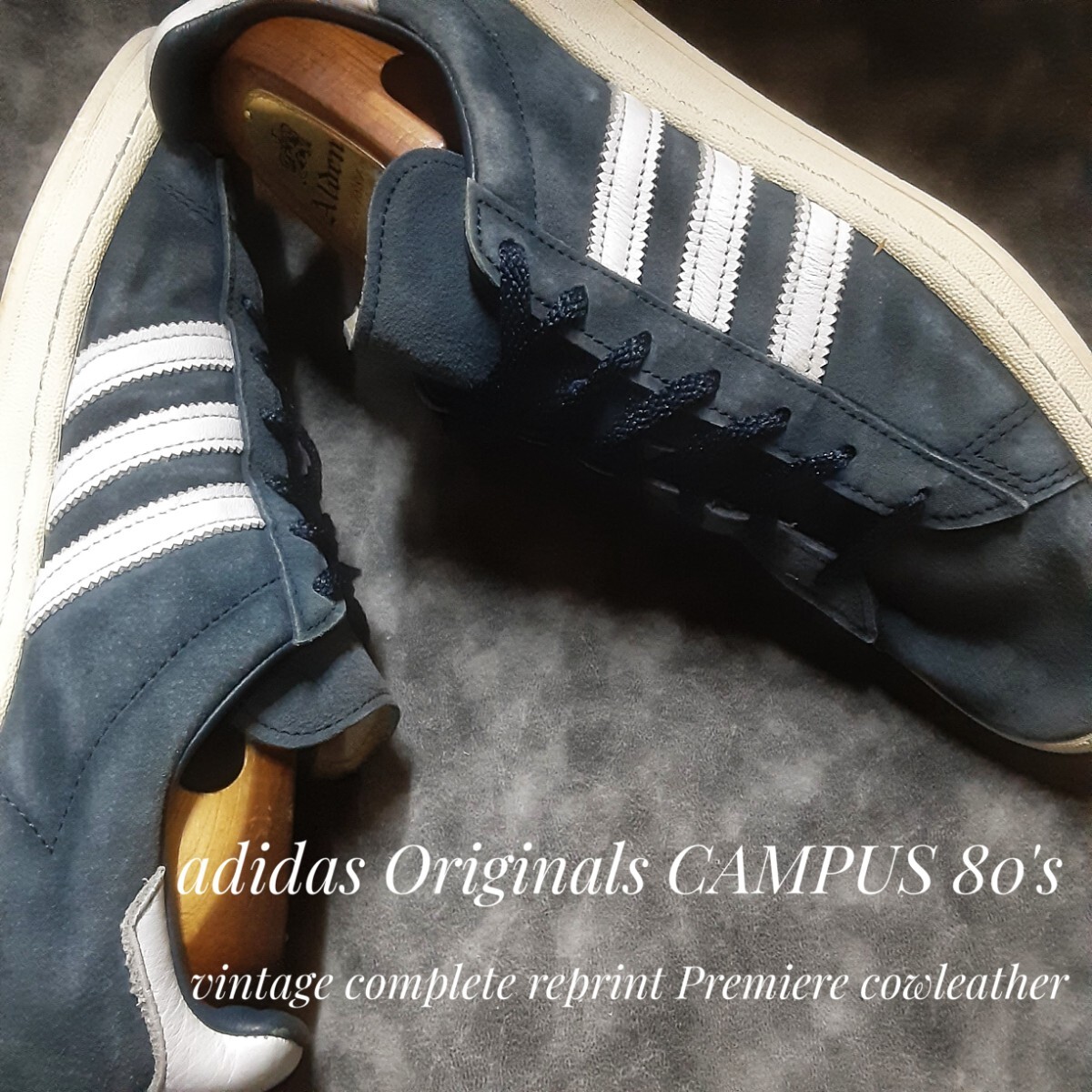 最値!定15400円!ヴィンテージ完全復刻!プレミアムカウレザー!ミッドナイトネイビー!アディダス キャンパス 80's スニーカー!紺白 28cm相当拍卖