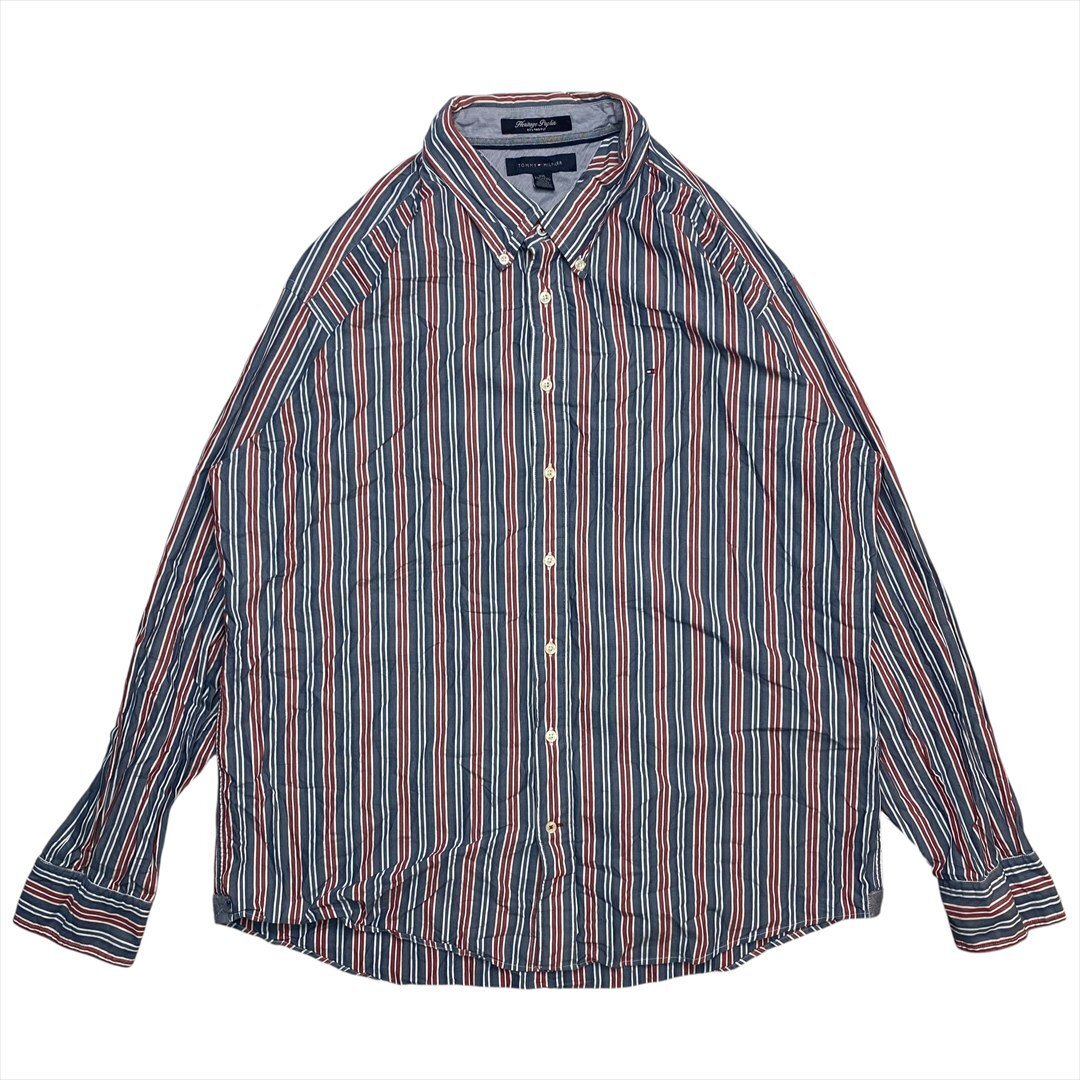 Vintage TOMMY HILFIGER トミーヒルフィガー ボタンダウン マルチカラーストライプ シャツ 長袖 メンズ XXL ストライプ 古着 BD ビンテージ拍卖