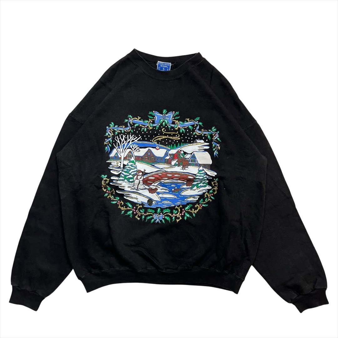 Vintage COLLEGE WARF USA ホリデー柄 冬の夜景 プリント スウェット トレーナー メンズ L ブラック 古着 ビンテージ ヴィンテージ拍卖