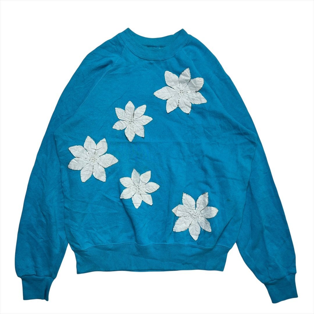Vintage 80s BW BASSETT-WALKER フラワーパッチ スウェット トレーナー レディース L ブルー 古着 USA製 スエット ヴィンテージ拍卖
