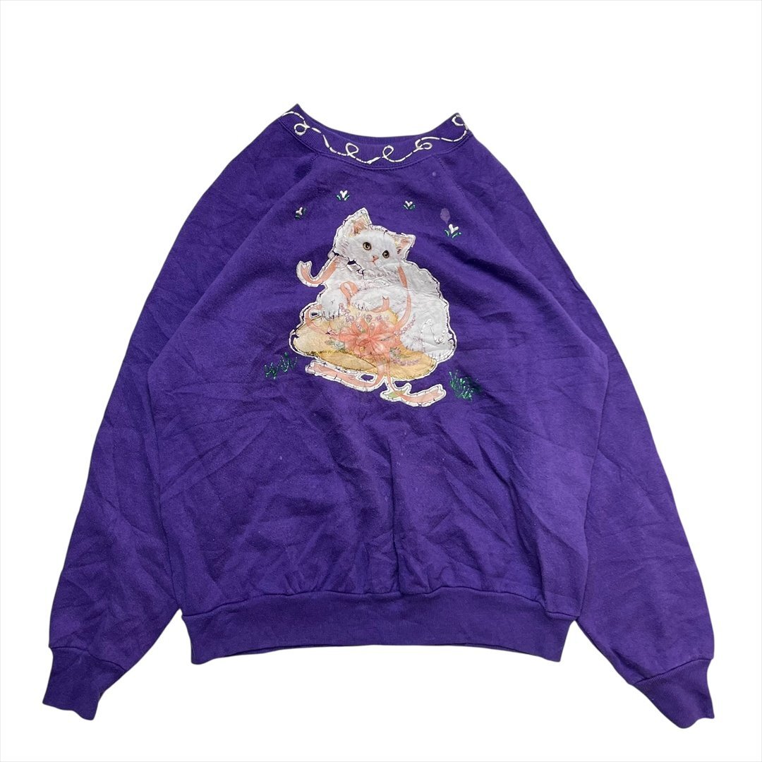 Vintage 90s TULTEX タルテックス にゃんこ プリント スウェット トレーナー レディース M パープル 古着 USA製 ねこ キャット ビンテージ拍卖