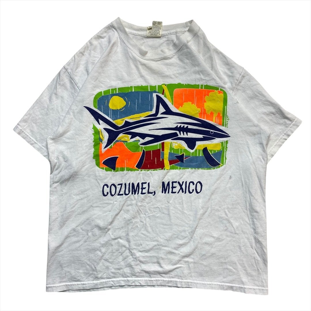 Vintage CANCUN REEF COZUMEL コスメル島 サメ シャーク プリント Tシャツ 半袖 メンズ L ホワイト 古着 鮫 ロゴ ビンテージ ヴィンテージ拍卖