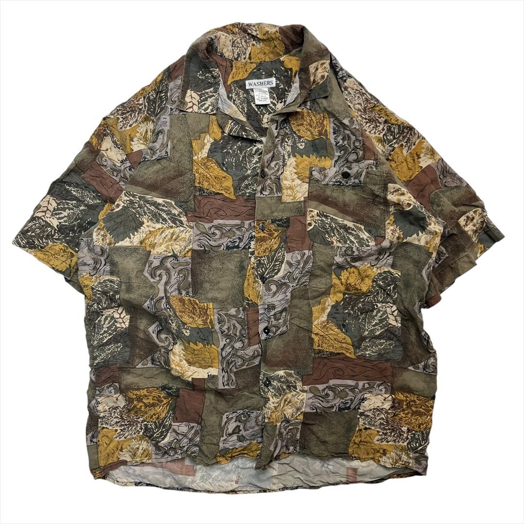 Vintage WASHERS レギュラカラー シルク シャツ 半袖 メンズ XL 柄 古着 総柄 レトロ 開襟 かりゆし ウェア ウエア ヴィンテージ拍卖