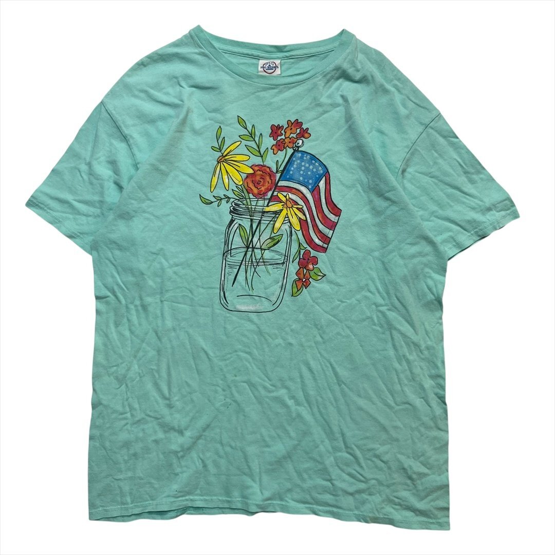 Vintage DELTA デルタ フラワー 花瓶 星条旗 アート プリント Tシャツ 半袖 メンズ L ターコイズ 古着 ティファニーブルー ヴィンテージ拍卖