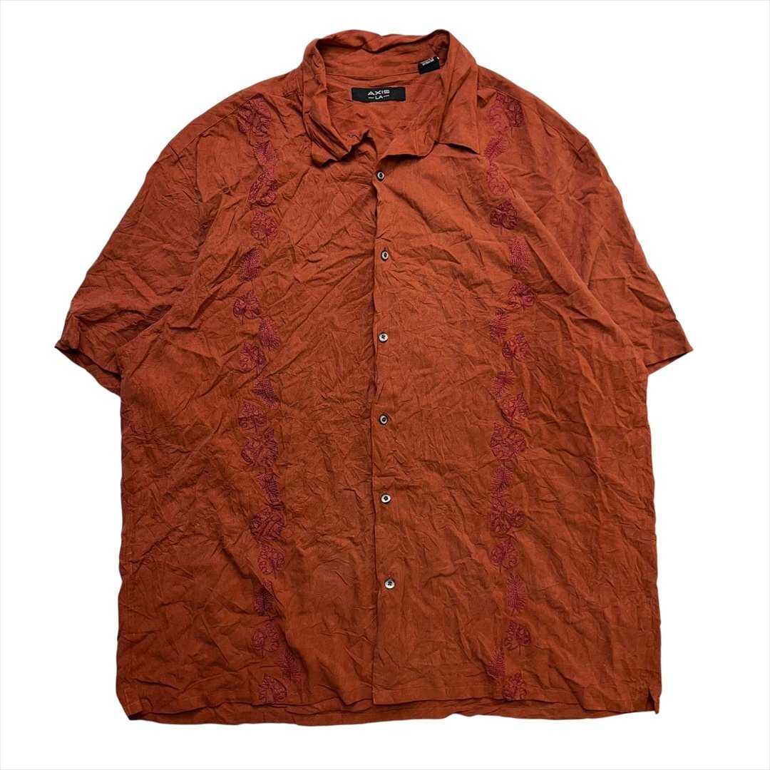 Vintage AXIS アクシス レギュラカラー シルク キューバ シャツ 半袖 メンズ XL ブラウン 古着 刺繍柄 アロハ かりゆし ウェア ビンテージ拍卖