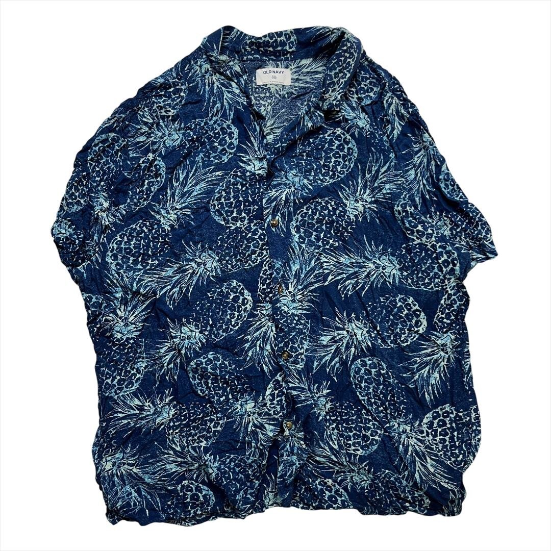 Vintage OLD NAVY パイナップル柄 レーヨン アロハ シャツ 半袖 メンズ XXL 柄 古着 オープンカラー 開襟 かりゆし ウェア ヴィンテージ拍卖