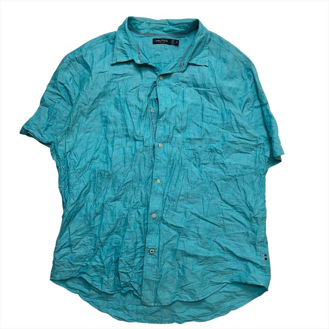 Vintage NAUTICA ノーティカ コットン シャツ 半袖 メンズ XL ライトブルー 古着 ターコイズ レギュラーカラー かりゆし ウェア ビンテージ拍卖