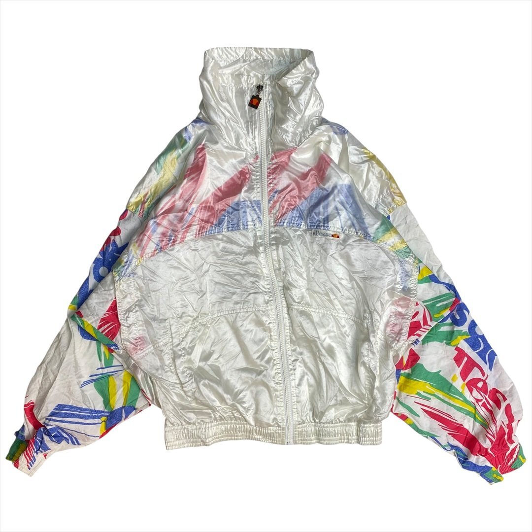 Vintage Ellesse エレッセ カラフル柄 サテンボディ ジャケット レディース FREE ホワイト 古着 ユーロ ブルゾン ビンテージ ヴィンテージ拍卖