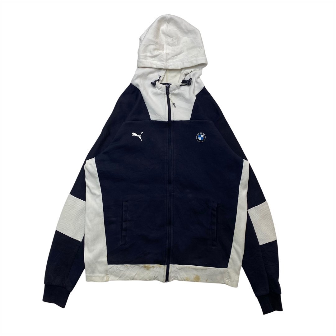 BMW プーマ ジップアップ パーカー ネイビー PUMA 古着 メンズ M バイカラー ロゴ テック クリーニング済み拍卖