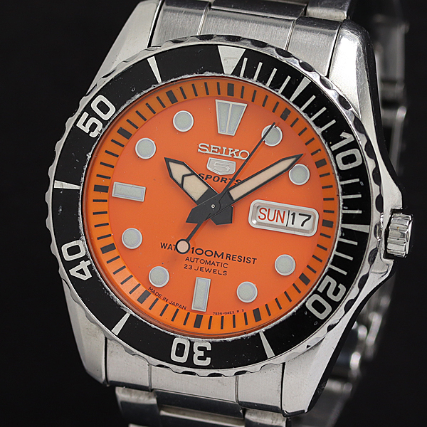 1円 稼働 セイコー5 スポーツ ダイバー 7S36-03C0 AT/自動巻 オレンジ文字盤 メンズ腕時計 1100100 9APY SMZ拍卖