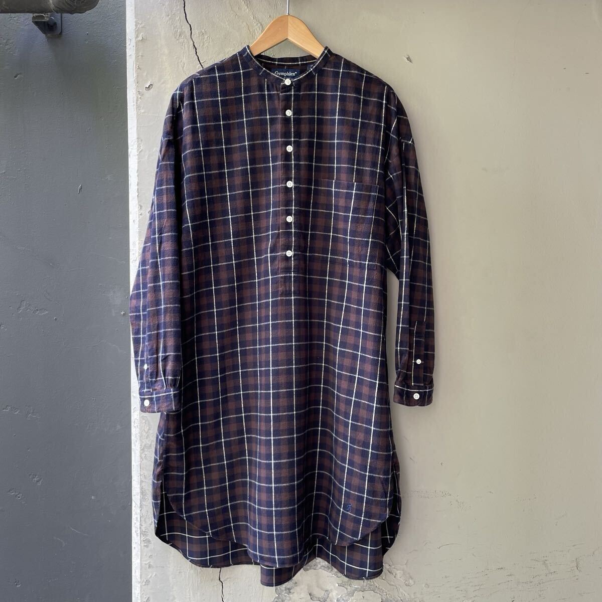 Gymphlex ジムフレックス ワンピース 長袖 シャツ ネイビー ホワイト ブラウン GYMPHLEX ネルシャツ フランネル シャツワンピース拍卖