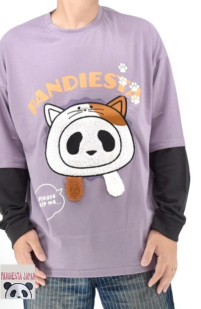 飛び出しネコパンダロングTシャツ◆PANDIESTA JAPAN ラベンダー Lサイズ 595751 パンディエスタジャパン 猫 ユニセックス拍卖