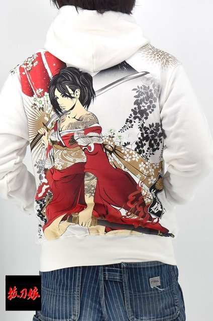 抜刀娘 妃那RISING SUNスウェットパーカー◆抜刀娘 ホワイト Lサイズ 253092 和柄 和風 着物 花魁拍卖