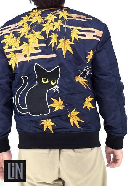 ラミ&アール 紅葉巡りMA-1ジャケット◆LIN ネイビー Mサイズ AL-75609 黒猫 ネコ ミリタリー 刺繍 フライトジャケット ユニセックス拍卖
