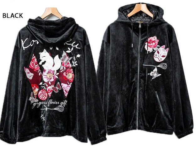 鮮やかな花の贈り物刺繍ベロアジャケット◆今昔 ブラック Lサイズ KJ-29239 和柄 和風 狐 きつね キツネ拍卖
